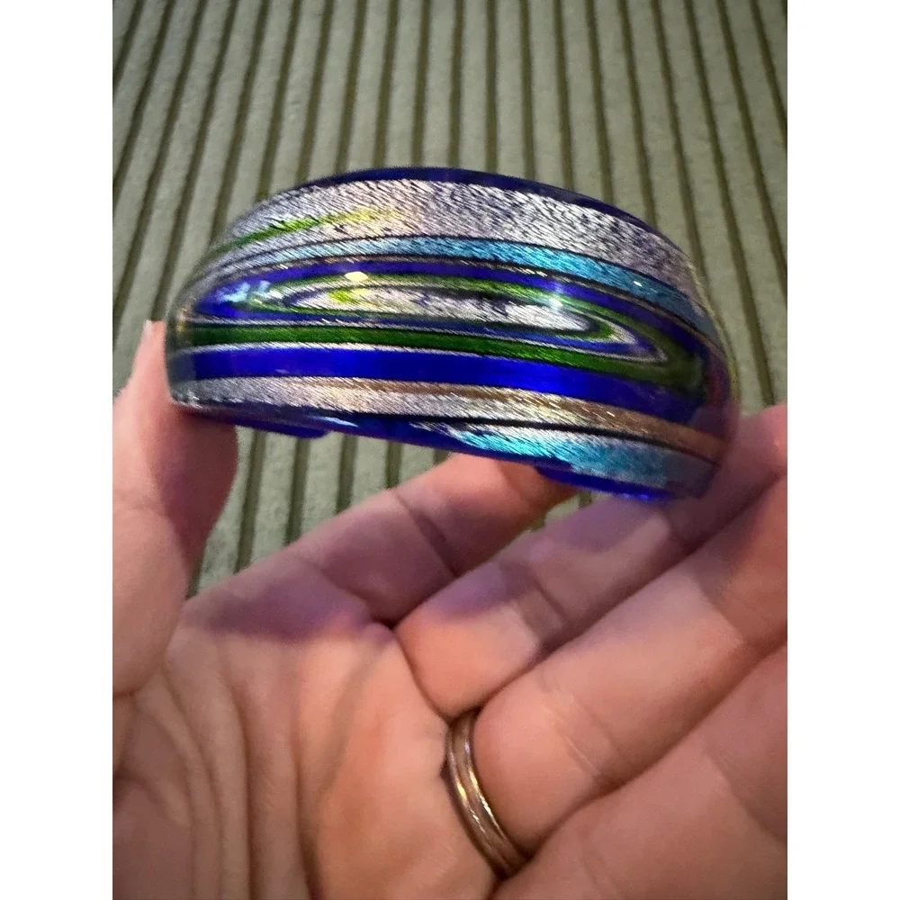 Dichroic Art Glass Cuff Bracelet Cobalt Blue Silver Swirl Murano Style Handblown